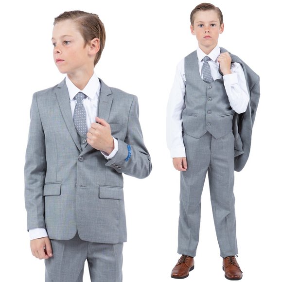 Perry Ellis Boys Sharkskin 5pc Suit, Light Gray - Picture 1 of 6